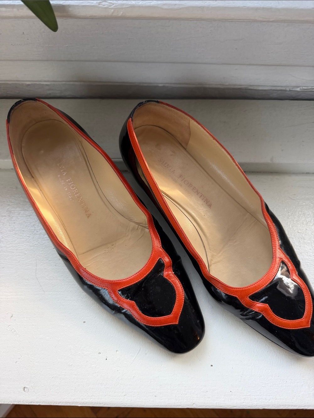 Sergio Rossi Black Patent Leather Flats with Orange Trim